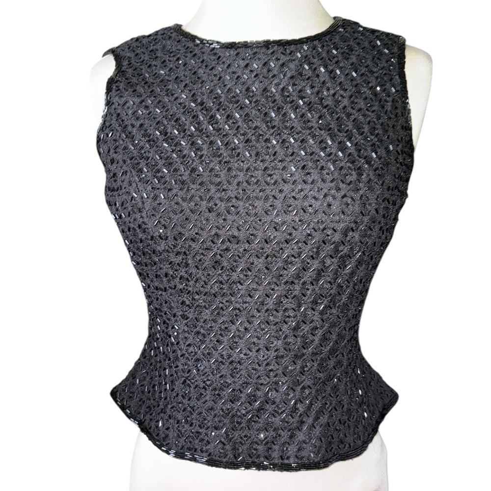 Black Tie by Oleg Cassini Petites beaded blouse sleeveless full zip back Sz 2P